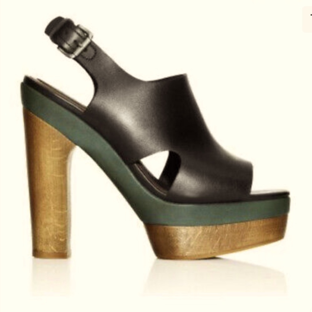 Marni for H&M Black Leather Strappy Plateau Platform Peep Toe Wooden Heels Sz 6